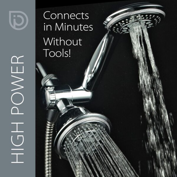 1433 Handheld Showerhead & Rain Shower Combo. High Pressure 24 Function 4" Face Dual 2 in 1 Shower Head System with Stainless Steel Hose, Patented 3-way Water Diverter in All-Chrome Finish