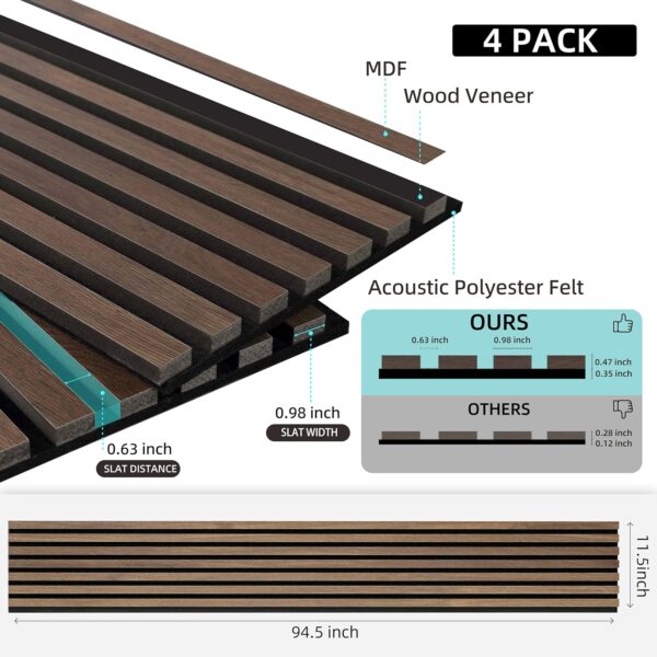 4 Pack Wood Wall Panels, MDF Soundproof 3D Wall Paneling for Interior Wall Decor, Wood Textured Acoustic Fluted Accent Wall Panel,Sound Absorbing,Walnut, 94 Inch
