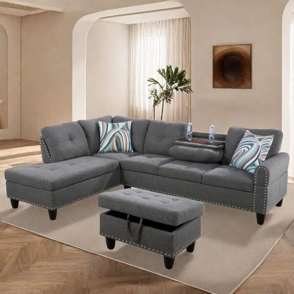 Sectional Couches with Ottoman Storage, Lounge Modular Sectional Sofa with Reversible Cup Holder, Modern Nail-Head L Shaped Couch for Living Room Furniture Sets, Bedroom, Gray