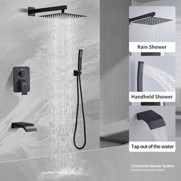 Shower Faucet Set Complete, Shower System Black with 12 inch Square Rainfall Shower Head 3-Function Handheld Shower Waterfall Bathtub Spout Rain Shower Combo Bathroom Wall Mounted fit All Valve Types