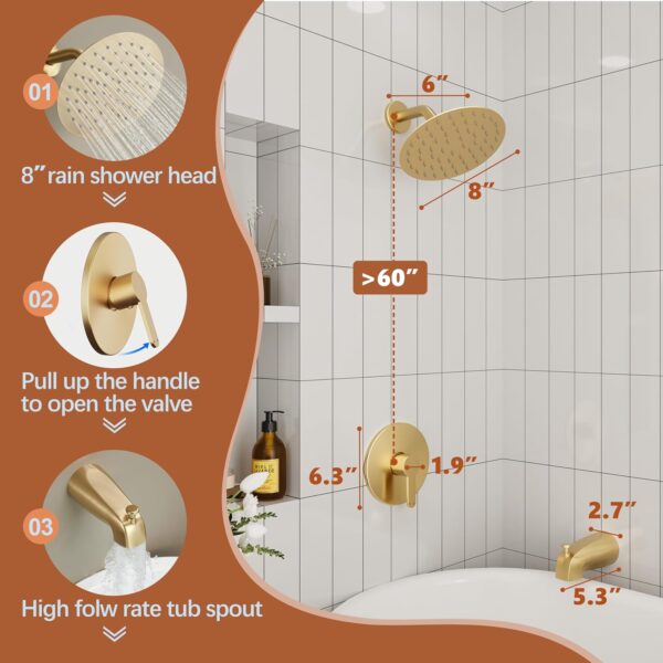 Tub Shower Faucet, Brushed Gold Shower Faucet Set with 8-Inch All-Metal Rainfall Showerhead and Bathtub Spout, Single-Handle Tub Shower-Trim Kit Included Valve, Brushed Gold