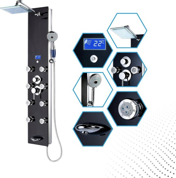 Blue Ocean 52" Aluminum SPA392B Shower Panel Tower System with 8 Adjustable Massage Jets and Rainfall Shower Head & Tub Spout