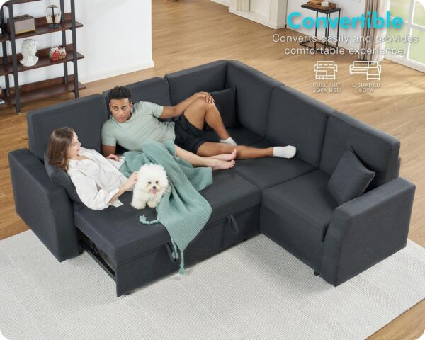 VanAcc Sofa Bed, 85 Inch Sleeper Couch with Storage Seat, L Shaped Sofa with Pull Out Sofa Bed, Sectional Couches for Living Room Apartment, Grey Linen Couch Sofa