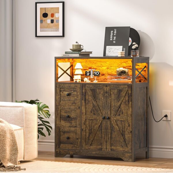 Yoobure Storage Cabinet with Doors and Shelves, LED Coffee Bar Cabinet with Power Outlet, Farmhouse Kitchen Buffet Cabinet with Drawers Accent Pantry Cabinet Sideboard for Living Room Entryway