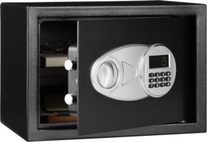Amazon Basics Steel Security Safe and Lock Box with Electronic Keypad - Secure Cash, Jewelry, ID Documents, 0.5 Cubic Feet, Black, 13.8" W x 9.8" D x 9.8" H
