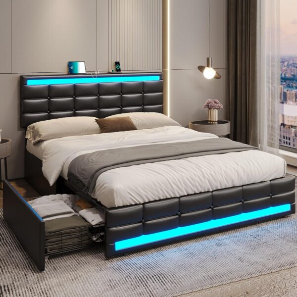ADORNEVE Queen Bed Frame with LED Lights Leather Platform Bed with Storage Drawers and Charging Station, LED Bed Frame Queen Size with Adjustable Headboard, No Box Spring Needed, Black