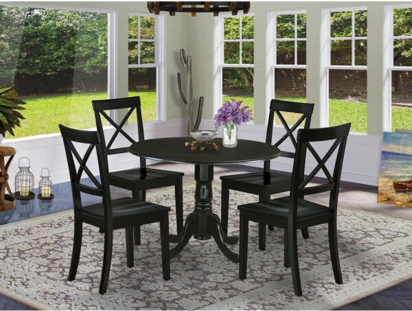 East West Furniture DLBO5-BLK-W 5 Piece Dinette Set for 4 Includes a Round Dining Room Table with Dropleaf and 4 Kitchen Dining Chairs, 42x42 Inch, Black