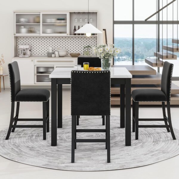 Counter Height Dining Table Set for 4, Faux Marble Top Square Dining Kitchen Table with 4 Velvet Upholstered Chairs, 5 Piece Counter Height Dining Table Set for Dining Room Living Room Kitchen, Black