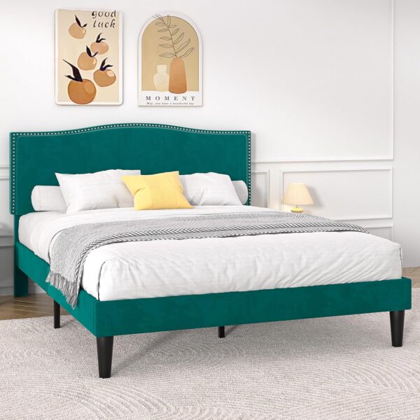 VECELO Full Bed Frame Platform Bed Frame with Upholstered Headboard, Strong Frame and Wooden Slats Support, Strong Weight Capacity, Non-Slip and Noise-Free, Easy Assembly,Dark Green