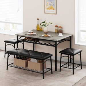 Dining Table Set for 4 - Kitchen Table Set of 4 with Upholstered Bench and 2 Square Stools 4 Piece Dining Set with Storage Shelves Dining Furniture Set for Small Space Apartment
