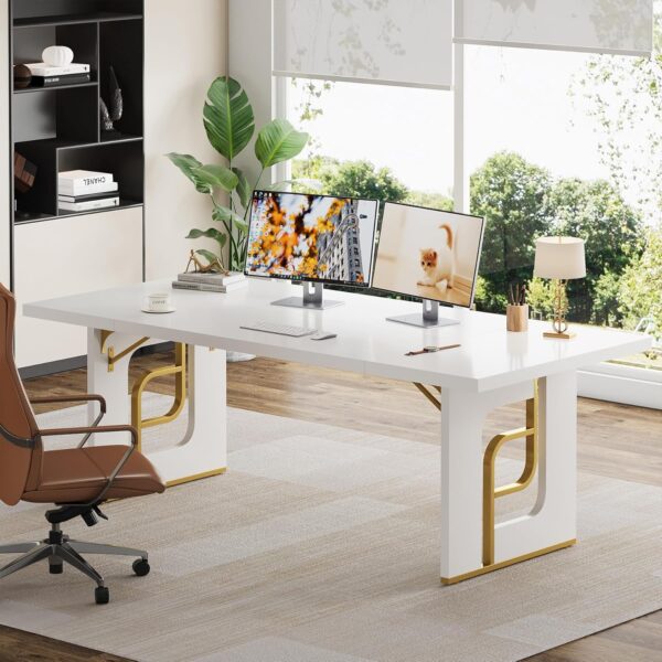71 inch Large Simple Computer Desk, Executive Office Desk Workstation, Modern Study Writing Table, Business Furniture for Home Office, Faux Marble, White and Gold