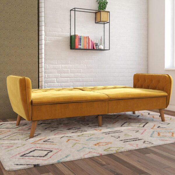 Novogratz Tallulah 83 Inch Futon Sofa Bed in Velvet Fabric, Upholstered Couch Sleeper with Memory Foam and Tufted Back, Mid-Century Modern, Mustard