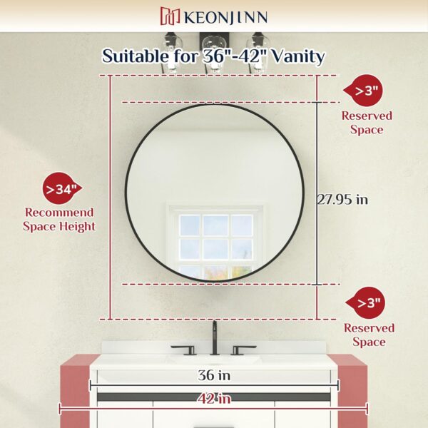 Keonjinn 28 x 28 Inch Round Black Mirror Medicine Cabinet, Modern Black Framed Vanity Bathroom Mirror with Storage