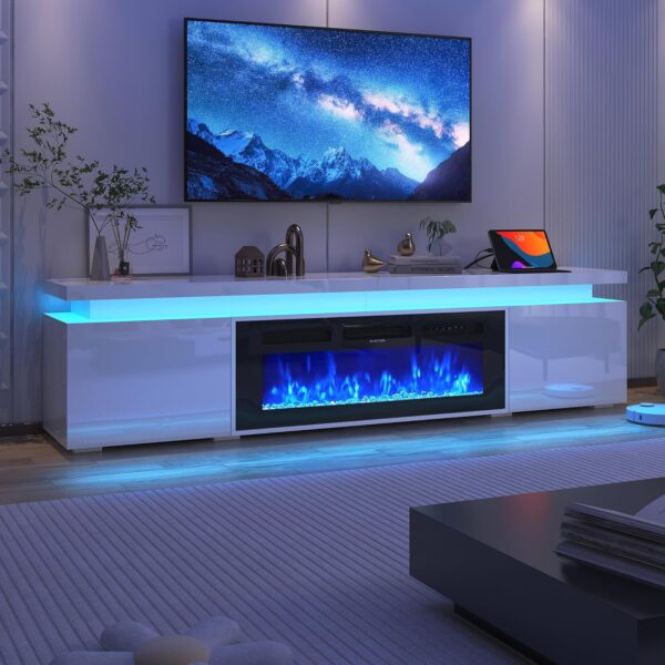 71Inch LED TV Stand with 40In Fireplace for 80Inch TV, Modern Fireplace TV Stand with Power Outlet, High Gloss TV Console Entertainment Center with Storage for Living Room (71 Inch, White)