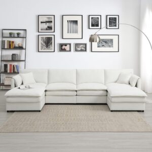 Modern 6-Seat Chenille Modular Sectional Sofa for Living Room, U-Shaped Cloud Couch Set with Double Cushions,Ottomans Cream