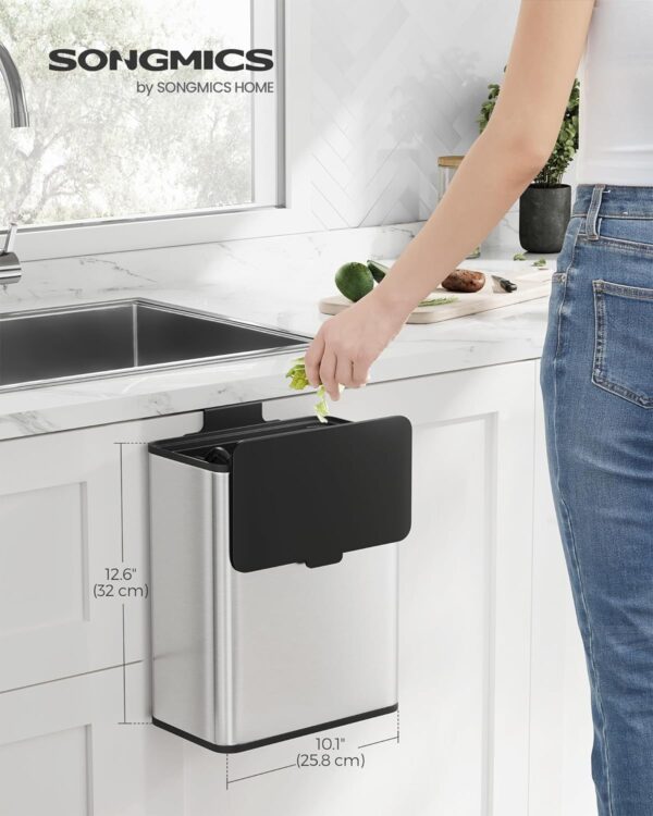 SONGMICS Hanging Trash Can, 2.1-Gallon (8 L) Small Kitchen Garbage Can with Lid, Cabinet Door Hanging or Wall-Mounted with Hooks, for Under Sink, Bathrooms, Metallic Silver ULTB810E08