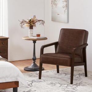 Yaheetech PU Leather Accent Chair, Mid-Century Modern Barrel Chair with Wooden Frame and Soft Thick Padded for Living Room Bedroom Home Office, Dark Brown