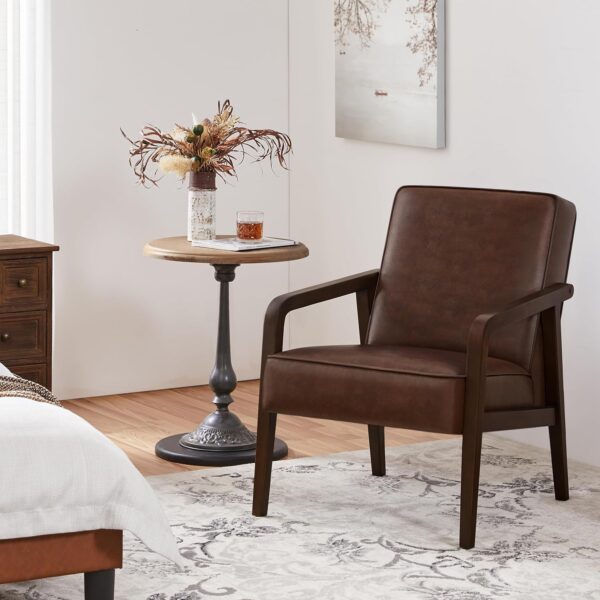 Yaheetech PU Leather Accent Chair, Mid-Century Modern Barrel Chair with Wooden Frame and Soft Thick Padded for Living Room Bedroom Home Office, Dark Brown