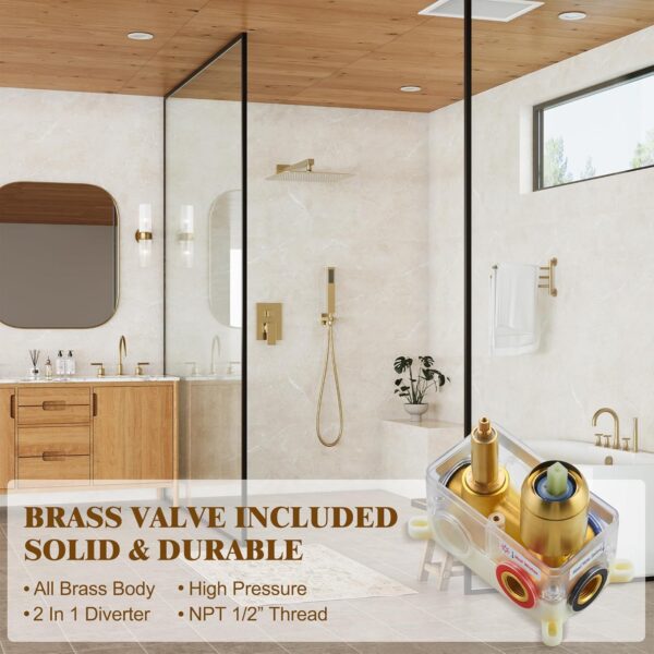 Alesco Shower System, Gold Shower Faucet Set with 10-Inch High-Pressure Rainfall Showerheads and Handheld Spray combo, Showerfixture Include Valve and Trim Kit, Brushed Gold