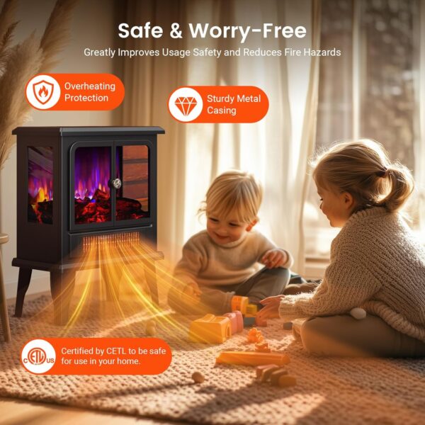 BLITZHOME 18'' Electric Fireplace Heater, 2 Heating Mode 750/1500W, 3D Realistic Flame, Thermostat Control, Safety Protection, Portable Freestanding Fire Places Stove for Home, Small Space