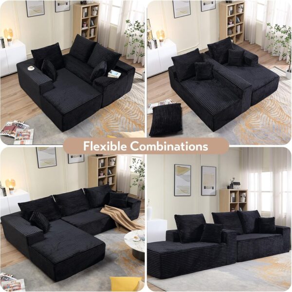 107" Modular Sectional Sofa, Modern Corduroy Cloud Couch with Deep Seat, Upholstered 3-Seater L-Shaped Sofa for Living Room, No Assembly Required (Black, Left-Facing Chaise)