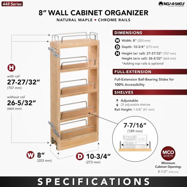 Rev-A-Shelf 8" Pullout Storage Organizer for Wall Kitchen Cabinets, Sliding Adjustable Shelves for Spice Rack or Cans, Wood and Chrome, 448-WC-8C
