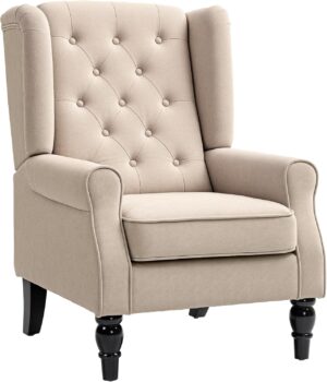 HOMCOM Mid-Century Modern Accent Chair, High Wingback Chair, Button-Tufted Upholstered Fabric Armchair with Retro Wood Legs for Living Room, Bedroom, Beige