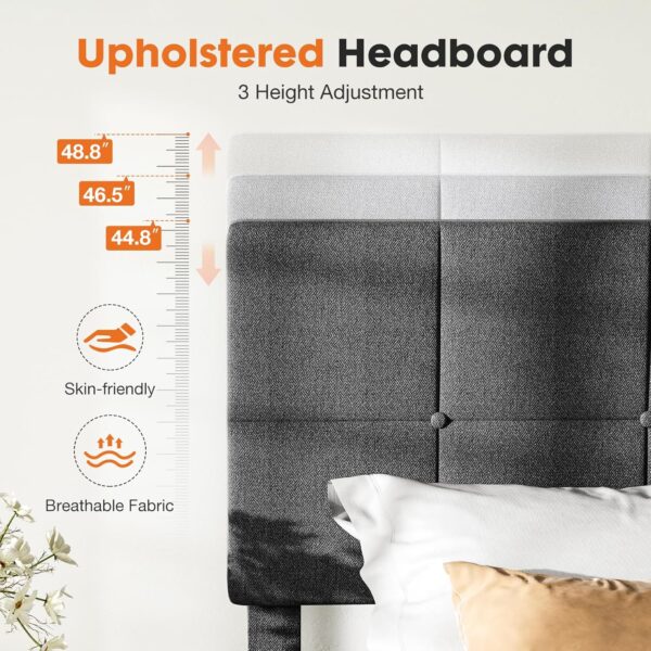 Sweetcrispy Queen Size Wood Bed Frame - Linen Upholstered Platform Bed with Headboard, No Box Spring Needed with 800LBS Sturdy Wooden Slats Support, Noise Free, Easy Assembly, Dark Grey