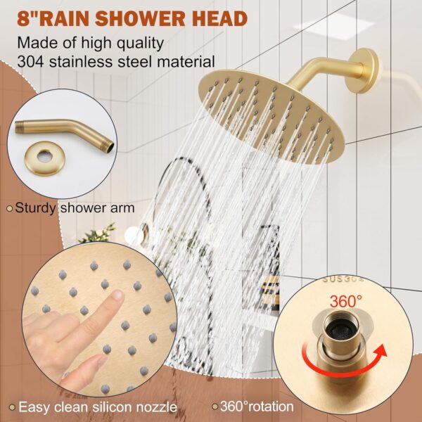 Tub Shower Faucet, Brushed Gold Shower Faucet Set with 8-Inch All-Metal Rainfall Showerhead and Bathtub Spout, Single-Handle Tub Shower-Trim Kit Included Valve, Brushed Gold