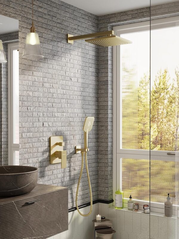 Gabrylly Shower System Gold, Pressure Balance Shower Faucet Set with High Pressure 10" Rain Head and 3-Setting Handheld Spray, 2 Way Valve Kit, Brushed Gold