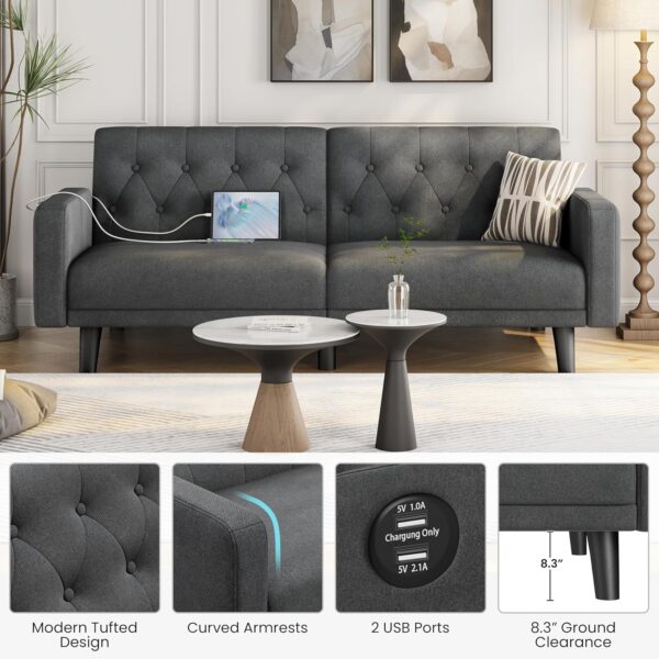 Yaheetech 63” Convertible Couch Sofa Bed with 2 USB, Reclining Futon Sleeper with Adjustable Backrest & Removable Armrests, Mid Century Modern Loveseat for Living Room, Apartment, Office Dark Gray