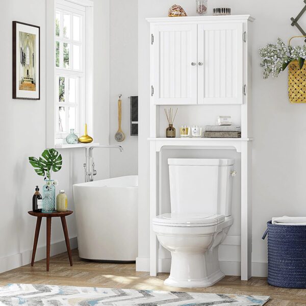 UTEX Bathroom Storage Over The Toilet, Cabinet Organizer with Adjustable Shelves and Double Doors, Wood Space Saver, White