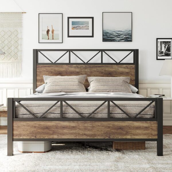 LIKIMIO Queen Bed Frame, Tall Industrial Headboard 51.2 ", Platform Bed Frame with Strong Metal Support, Solid and Stable, Noise Free, No Box Spring Needed, Easy Assembly, Vintage Brown, Rustic Maple