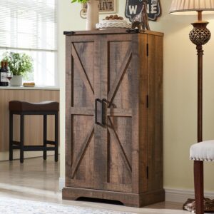 47" Kitchen Pantry, Farmhouse Storage Cabinet with Barn Doors, Organizer and Adjustable Shelves, Rustic Wood Cupboard for Kitchen, Dining Room, Bathroom and Hallway, Rustic Brown