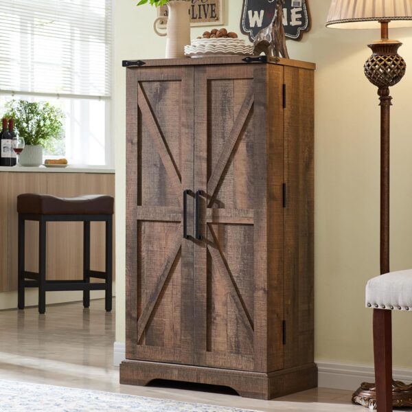 91BQOaa7fkL._AC_SL1500_.jpg 47" Kitchen Pantry, Farmhouse Storage Cabinet with Barn Doors, Organizer and Adjustable Shelves, Rustic Wood Cupboard for Kitchen, Dining Room, Bathroom and Hallway, Rustic Brown