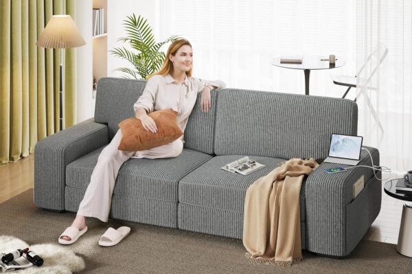 Yaheetech Sofa Modern Sofa Couch 2 Seater Corduroy Fabric Sofa with USB Charging Ports & Side Storage Pockets for Living Room Apartment, Dark Gray