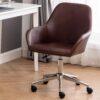 BTEXPERT Mid Back Home Computer Desk Chair, Office Task Chair with Wheels, Swivel Height Adjustable Faux Leather Chair, White Comfy Leather Desk Chair, Brown (5176)