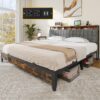 DWVO Queen Size Bed Frame, Platform Bed Frame with Charging Station, Upholstered Storage Headboard Metal Bed Frame with USB Ports, No Box Spring Needed, Under Bed Storage, Easy Assembly, Rustic Brown