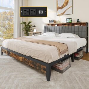 DWVO Queen Size Bed Frame, Platform Bed Frame with Charging Station, Upholstered Storage Headboard Metal Bed Frame with USB Ports, No Box Spring Needed, Under Bed Storage, Easy Assembly, Rustic Brown