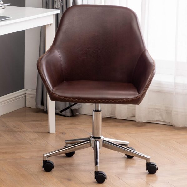 BTEXPERT Mid Back Home Computer Desk Chair, Office Task Chair with Wheels, Swivel Height Adjustable Faux Leather Chair, White Comfy Leather Desk Chair, Brown (5176)