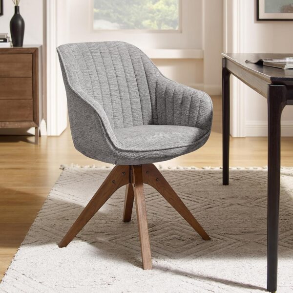 Art Leon Desk Chair - Mid Century Modern Office Chair No Wheels, Swivel Accent Chair with Oak Wood Legs, Fabric Upholstered Arm Chair, Gray