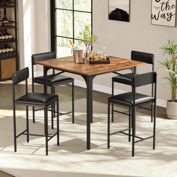 DWVO 5-Piece Dining Room Table Set Bar Table and Chairs Set Counter Height Dining Table Set Industrial High Top Kitchen Table with 4 Barstools for Kitchen Living Room Restaurant Bar Small Spaces Brown
