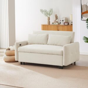 Merax Pull-Out Sofa Bed Convertible Couch 2 Seat Loveseat Sofa Modern Sleeper Sofa with Two Throw Pillows and USB Ports for Living Room, Beige