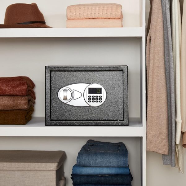 Amazon Basics Steel Security Safe and Lock Box with Electronic Keypad - Secure Cash, Jewelry, ID Documents, 0.5 Cubic Feet, Black, 13.8" W x 9.8" D x 9.8" H