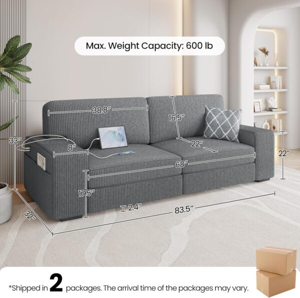 Yaheetech Sofa Modern Sofa Couch 2 Seater Corduroy Fabric Sofa with USB Charging Ports & Side Storage Pockets for Living Room Apartment, Dark Gray