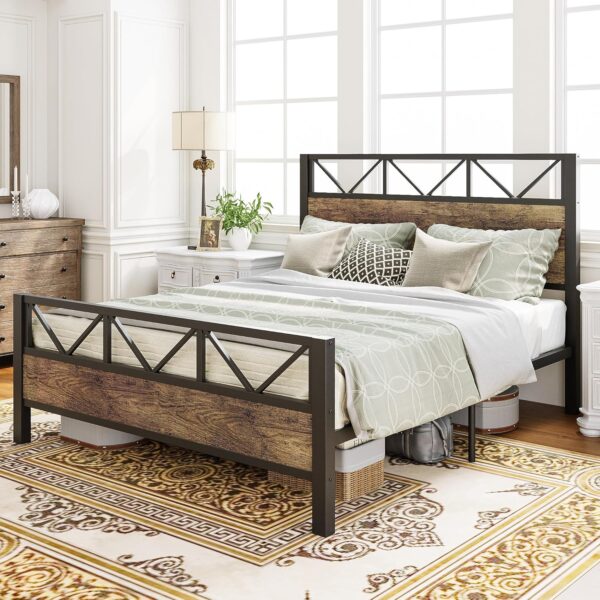 LIKIMIO Queen Bed Frame, Tall Industrial Headboard 51.2 ", Platform Bed Frame with Strong Metal Support, Solid and Stable, Noise Free, No Box Spring Needed, Easy Assembly, Vintage Brown, Rustic Maple