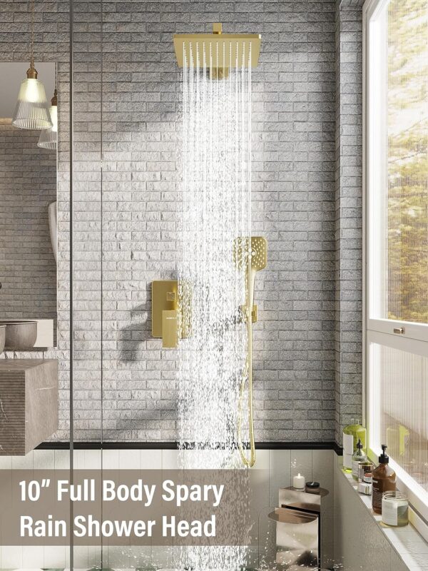 Gabrylly Shower System Gold, Pressure Balance Shower Faucet Set with High Pressure 10" Rain Head and 3-Setting Handheld Spray, 2 Way Valve Kit, Brushed Gold