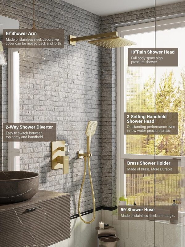Gabrylly Shower System Gold, Pressure Balance Shower Faucet Set with High Pressure 10" Rain Head and 3-Setting Handheld Spray, 2 Way Valve Kit, Brushed Gold