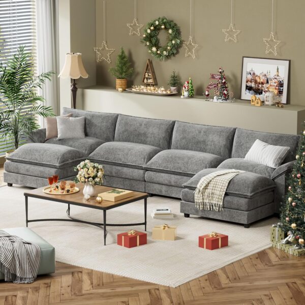 YESHOMY Sectional Modular Sofa U Shaped Chenille Fabric Couch with High Supportive & Soft Sponges and Removable Ottoman, Sleeper Comfy Upholstered Furniture for Living Room, Grey