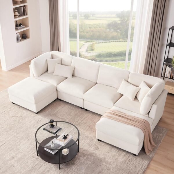 125 Inch Oversized Corduroy Modular Sectional Sofa, U Shaped Modular Couch with Storage, 6 Seat Convertible Corduroy Couch, Comfy Sectional Couches for Living Room with Memory Foam, Beige